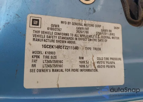 1996 Chevrolet Gmt-400 K1500 z USA, uszkodzony, nr VIN 1GCEK14R5TZ211340
